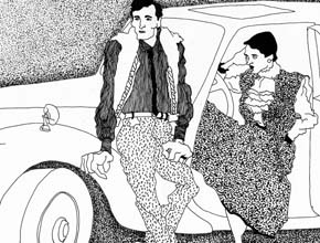 Models and Rolls Royce line drawing of fashion models next to expensive car